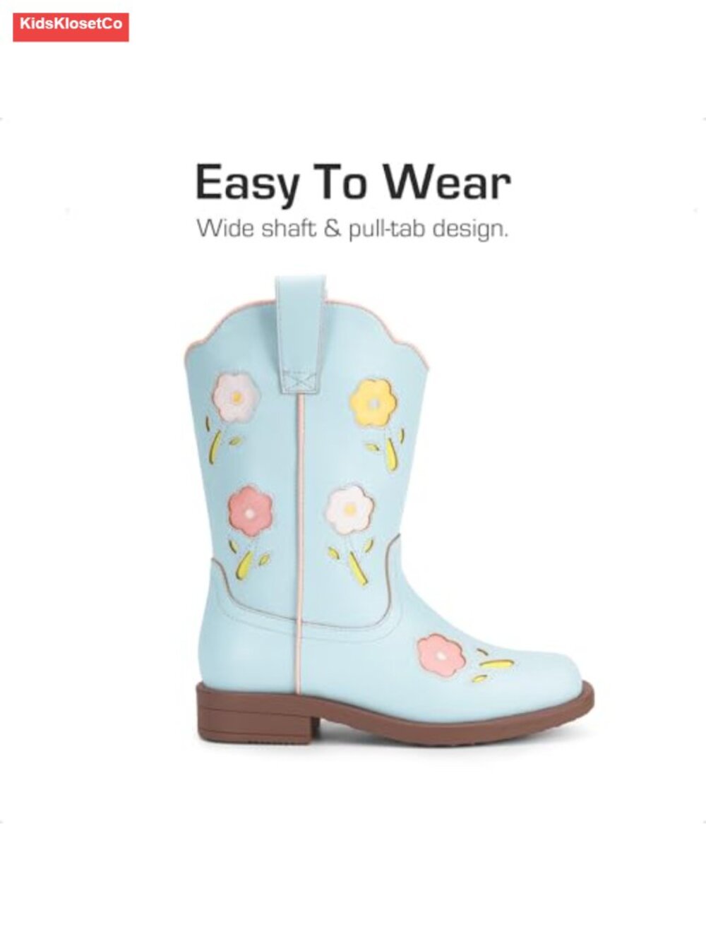 Girls Floral Embroidered Square Toe Cowboy Boots with Dual Pull Tabs - Picture 4 of 6